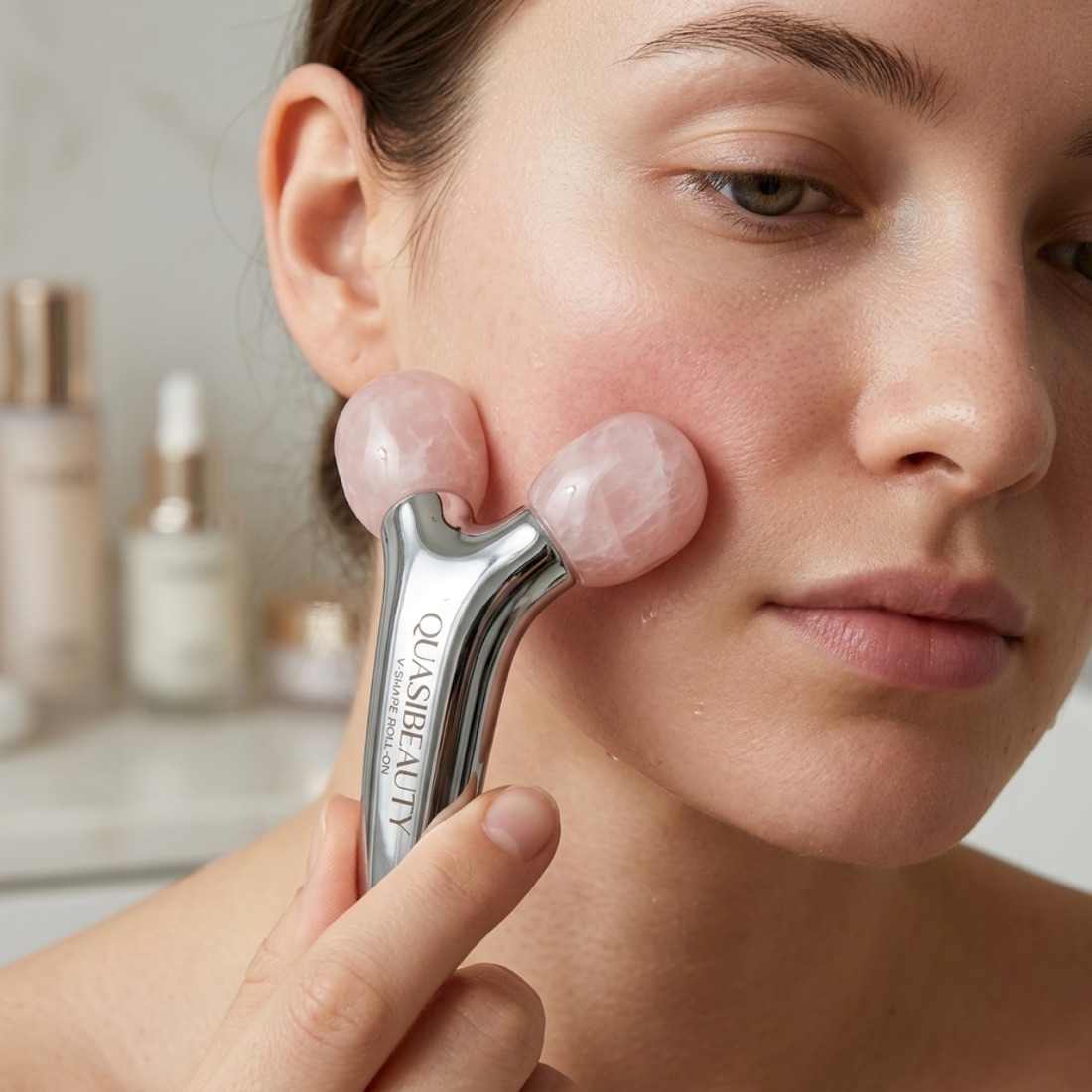 A woman using the Quasi Beauty V-Shape roller
